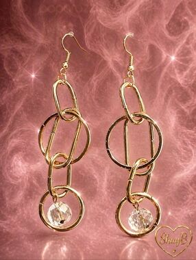 Gold Linked Hoop Drop Earrings with Crystal Accent - Gold